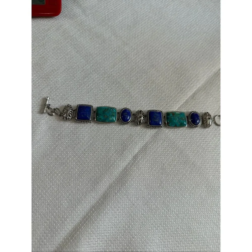 ATI Sterling Silver 925 Lapis Lazuli Turquoise Cabochon Panel Toggle Bracelet